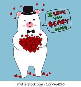 Cute white bear wearing a hat and holding lots of hearts,decorated with bubble speech and hand written front'I love you beary much' on blue background for valentine's day card.
