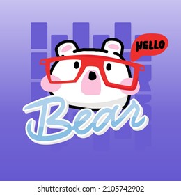 cute white bear  wearing red   glasses wild animals hand drawing. For holding cards, posters, t-shirts purple background.