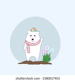 Cute white bear wears a hat and scarf, Summer concept, Hand draw doodle cartoon style.