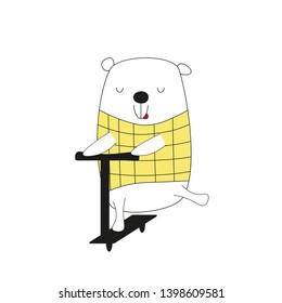 cute white bear in yellow shirt with scooter