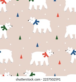 Cute white bears in colorful scarf and Christmas trees hand drawn vector illustration. Adorable winter animal in flat style seamless pattern for kids fabric or wallpaper.