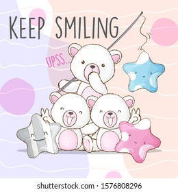 Cute white bears with cute star cartoon illustration for kids. White bear with little star cartoon vector