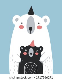 Cute White Big Bear with Little Black Baby Bear Isolated on a Light Blue Background. Nursery Vector Illustration with Funny Bears ideal for Poster, Wall Art, Mother's or Father's Day Card.