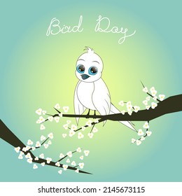 Cute white bird with blue eyes sitting on the branch of apricot tree. Bird Day with lettering. Vector Illustration.