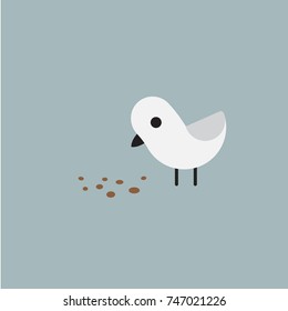 Cute white bird eating breadcrumbs on the floor on blue background