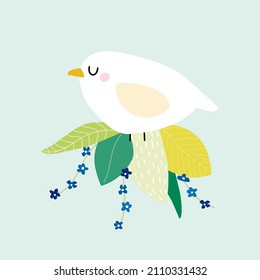 Cute white bird and leaves. Childish graphic. Vector hand drawn illustration.