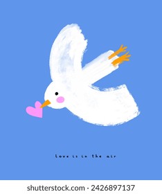 Cute White Bird. Lovely Hand Drawn Vector Illustration with Flying Dove with Pink Heart on a Blue Background. Love is in the Air. Childish Drawing-like Nursery Art Perfect for Card, Greetings. RGB.
