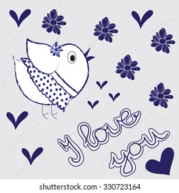 cute white bird whit blue flowers and hearts vector illustration