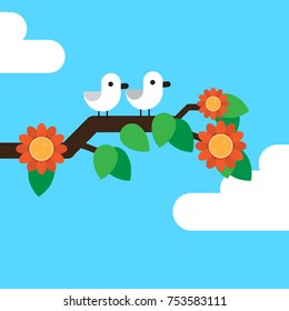 Cute white birds on a branch with leaves and flowers, flat design vector illustration,