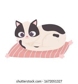 Cute white and black cat resting on mat.  Pet cartoon icon vector illustration