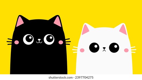 Cute white black cat set. Sad, smiling kitten head face. Pink ears, cheeks. Kawaii cartoon funny baby character. Notebook sticker print template. Happy Halloween. Flat design. Yellow background Vector