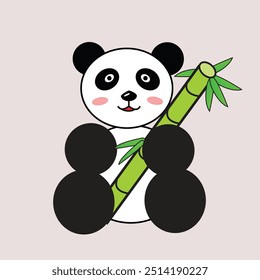 cute white and black color panda with a green bamboo.