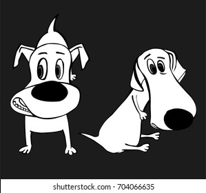 Cute white and black dachshund dogs in cartoon style isolated on dark grey background. Unique vector illustration. Funny characters.