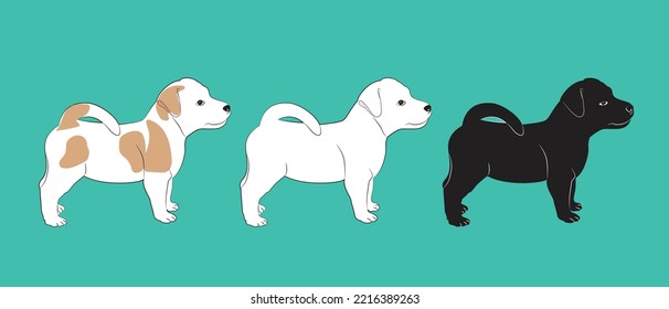 Cute white, black and orange puppy.  Vector illustration of dog breed set in flat style.  Cute dog. Vector illustration isolated on blue background, cartoon funny dogs