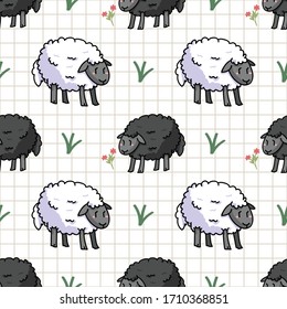 Cute white and black sheep in field cartoon seamless vector pattern. Hand drawn agriculture livestock. Farm animal with flower all over print on check background. Wooly ewe backdrop. 