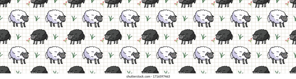 Cute white and black sheep in field cartoon seamless vector border. Hand drawn agriculture livestock. Farm animal with flower all over print on check background. Wooly ewe backdrop. 