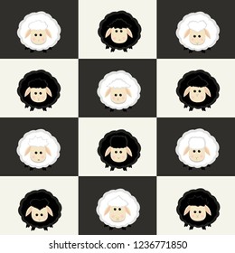 Cute white and black sheep. Vector illustration. Vector set.