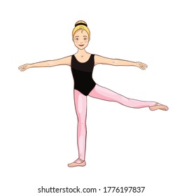 Cute white blonde ballerina performs ballet figures, dance pose. Vector illustration isolated on a white background. Character, symbol, design element.