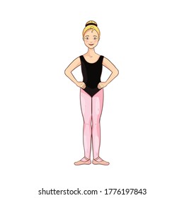 Cute white blonde ballerina performs ballet figures, dance pose. Vector illustration isolated on a white background. Character, symbol, design element.