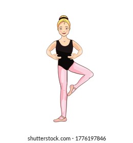 Cute white blonde ballerina performs ballet figures, dance pose. Vector illustration isolated on a white background. Character, symbol, design element.