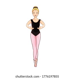 Cute white blonde ballerina performs ballet figures, dance pose. Vector illustration isolated on a white background. Character, symbol, design element.