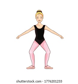 Cute white blonde ballerina performs ballet figures, dance pose. Vector illustration isolated on a white background. Character, symbol, design element.