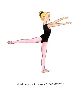 Cute white blonde ballerina performs ballet figures, dance pose. Vector illustration isolated on a white background. Character, symbol, design element.