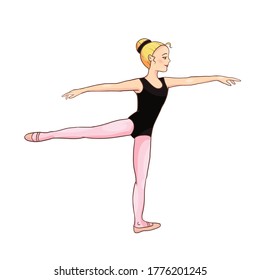 Cute white blonde ballerina performs ballet figures, dance pose. Vector illustration isolated on a white background. Character, symbol, design element.
