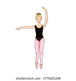 Cute white blonde ballerina performs ballet figures, dance pose. Vector illustration isolated on a white background. Character, symbol, design element.
