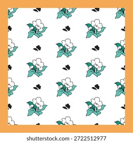 Süße weiße Blütenmuster mit schwarzen Akzenten. Ideal für Frühlingsdesigns, Stoffdrucke, Schreibwaren, Verpackungen, Tapeten und florale Themenprodukte.