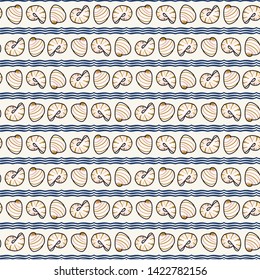 Cute white and blue sea shell stripe cartoon seamless vector pattern. Hand drawn spiral clam tile. All over print for nautical blog, mollusk graphic, ocean home decor.