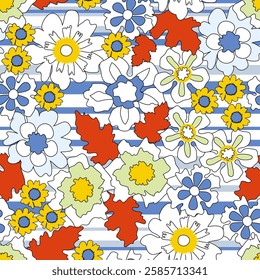 Cute white, blue, yellow flowers and red leaves on striped white and blue background. Vintage, retro pattern in style of primitivism. Minimalist, cool palette. Textile, wallpaper collection. Vector.