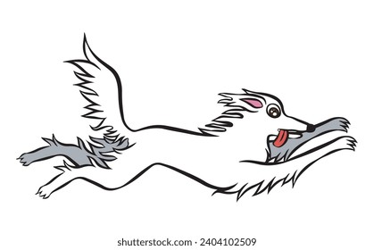 Meme de perros borzoi blancos. Ilustración de dibujos animados de perros cuyo hocico es bastante largo. Está corriendo, volando y feliz. Vector aislado sobre fondo blanco.