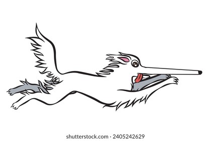 Meme de perros borzoi blancos. Dibujo de dibujos animados de perro. Hocico muy largo. Está corriendo, volando y feliz. Vector aislado sobre fondo blanco.