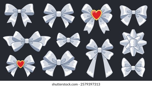 Cute white bows set. Collection of festive romantic bows for Wedding, Valentine s Day and other holidays. Festive decorations on a dark background.