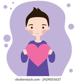Cute white boy with a pink heart flat illustration