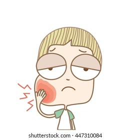 Cute white boy toothache on white background,illustration.