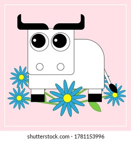 Cute white bull with blue summer flouers in flat style on the pink background