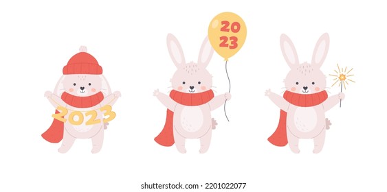 Cute white bunnies collection. Rabbit wishes a Happy New Year 2023. Year of the Rabbit. Winter holidays. Hand drawn vector illustration