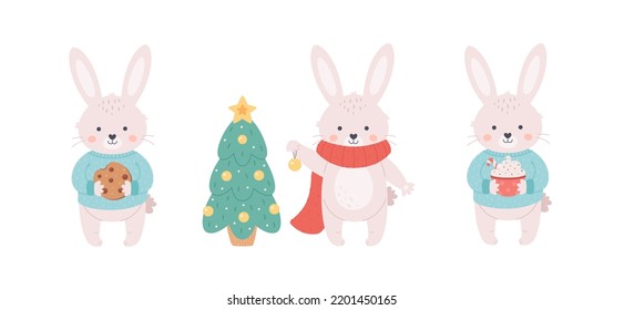 Cute white bunnies collection. Rabbit decorating Christmas tree, bunny with cookie, Christmas drink. Year of the Rabbit. Hand drawn vector illustration
