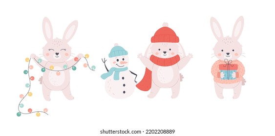 Cute white bunnies collection. Rabbit with snowman, with garland and present. Year of the Rabbit. Winter holidays. Hand drawn vector illustration