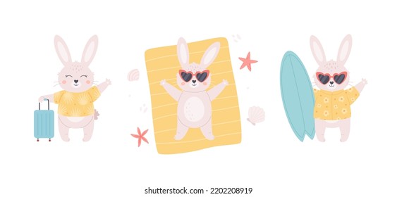 Cute White Bunnies Collection. Rabbit Sunbathing On The Beach, Bunny With Surfboard And Travel Bag. Year Of The Rabbit. Summer Vacation. Hand Drawn Vector Illustration