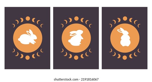 Cute white bunnies in different poses with astrological elements. Magician rabbit. Year of the Rabbit. Hand drawn vector illustration