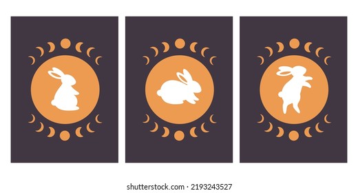 Cute white bunnies in different poses with astrological elements. Magician rabbit. Year of the Rabbit. Hand drawn vector illustration