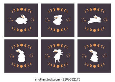 Cute white bunnies in different poses with astrological, esoteric elements. Magician rabbit. Year of the Rabbit. Hand drawn vector illustration