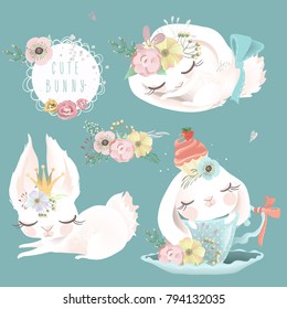 Cute white, bunnies, rabbits dreaming, sleeping and romantic baby girl princess set, collection. Bunny in crown, with flowers and in vintage tea cup with cupcake