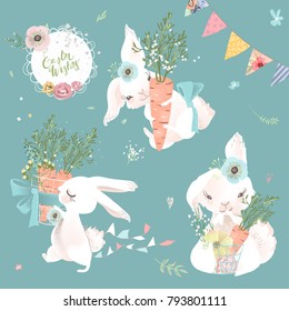 Cute white bunnies  rabbits set  collection  Bunny and carrots   flowers  hanging flags   beatufiul vintage frame and Easter lettering