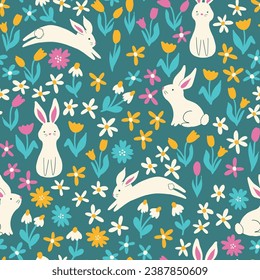 Cute white bunnies and spring flowers, Seamless vector pattern. Great for scrapbook, kids textile