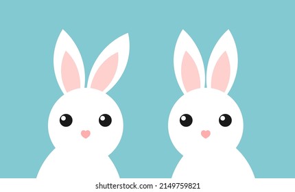 Cute white bunnies twins on blue background. Animals vector illustration.