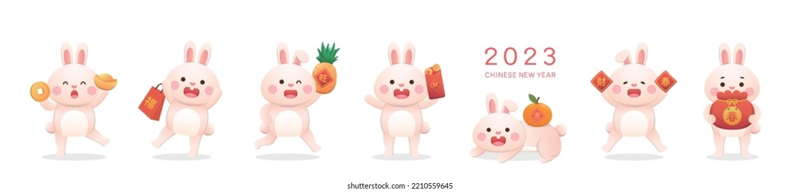 Cute white bunny baby characters or mascots in various poses, Chinese lunar new year elements, vector cartoon style set, Chinese translation: spring and wealth